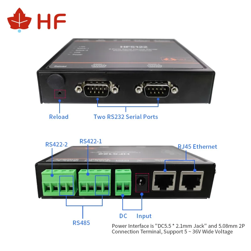 

Hf5122 Rj45 Rs232/485/422 To Ethernet Free Rtos 2 Port Transmission Converter Server（equal To 2pcs Hf5111b）