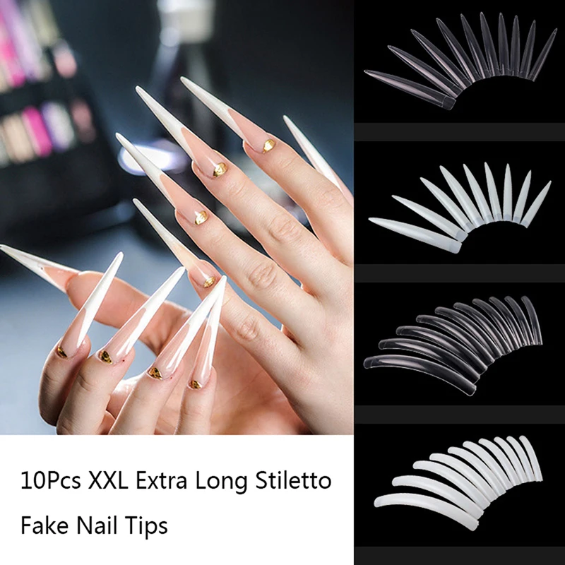 10Pcs Nail Tools Stiletto Nail Tips Extra Long Shape Clear Half Cover False Nail Art Tips