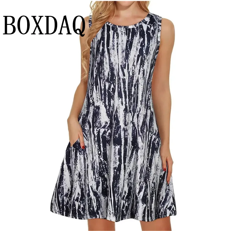 New Summer 2025 Women's Mini Dresses Beach Floral 3D Print Dress Sleeveless Vest Casual Trend O-Neck Loose Pocket Dress Sundress