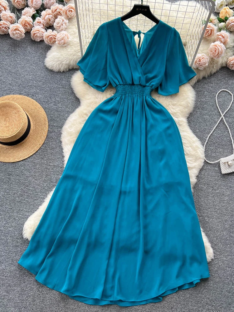 Women Fashion Vintage Elegant Chiffon Casual Dress Summer V-neck Short Sleeve Elastic Waist Slim A-line Beach Long Dresses