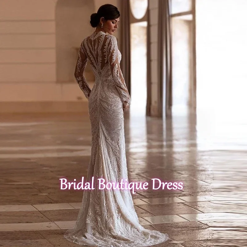 Maßgeschneidertes exquisites, vollständig perlenbesetztes, abnehmbares Meerjungfrau-2-in-1-Hochzeitskleid mit Ballkleid, Stehkragen und langen Ärmeln