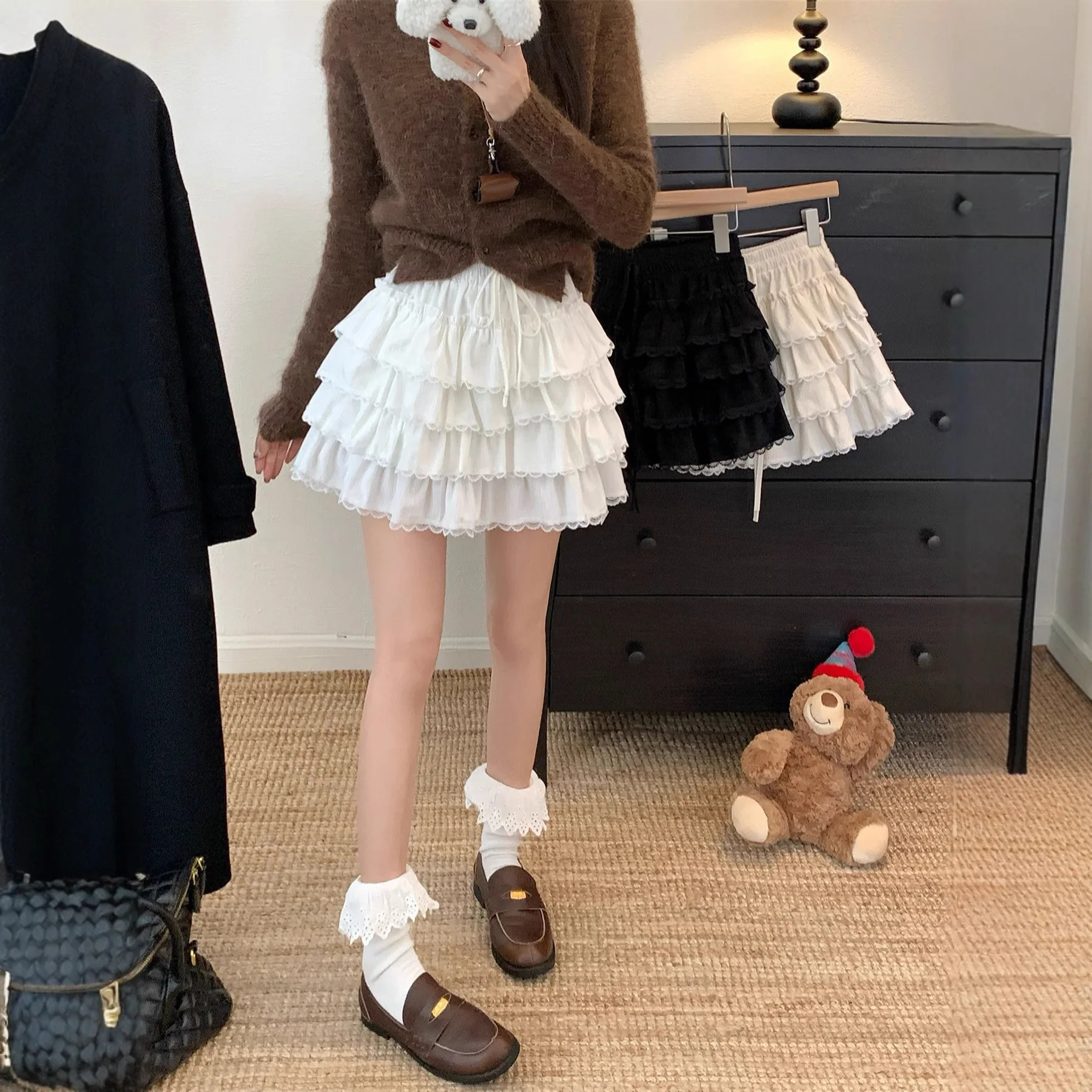 Ballet Style High Waist Lace Trim Half Skirt Women Loose Slimming Short Cake Skirt Elegant Commute Pure Color Polyester Fiber