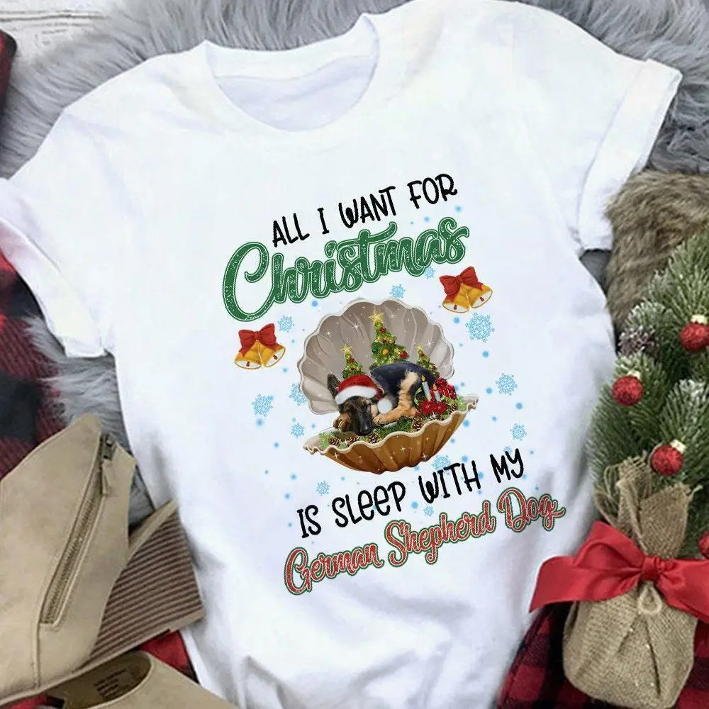 German Shepherd Dog Christmas T-Shirt, Dog Sleeping Pearl in Christmas Shirt