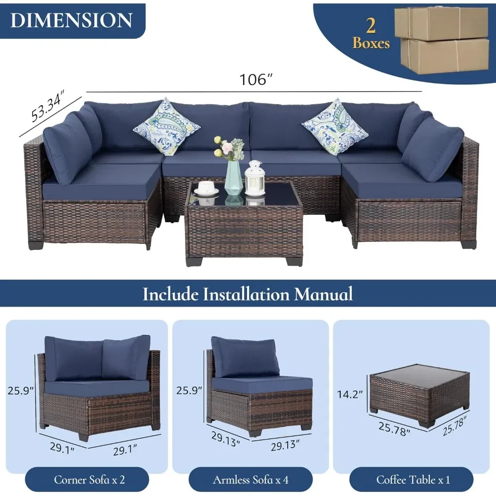 7 Pieces Patio Furniture Set, Wicker Sectional Sofa Set Rattan Modular Patio Conversation Sets with Cushions Couch Set &  Table