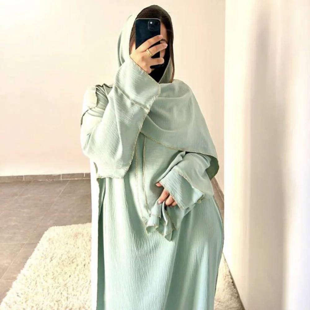 Muslim Hijab Dress for Ramadan and Eid, Golden Line Decoration, Dubai Kaftan, Marocain Women Caftan