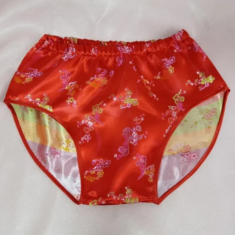 Man Handmade No Elastic Glossy Satin Lingerie Panties Floral Embroidery Soft Silky Touch Briefs Sissy Private Party Costumes