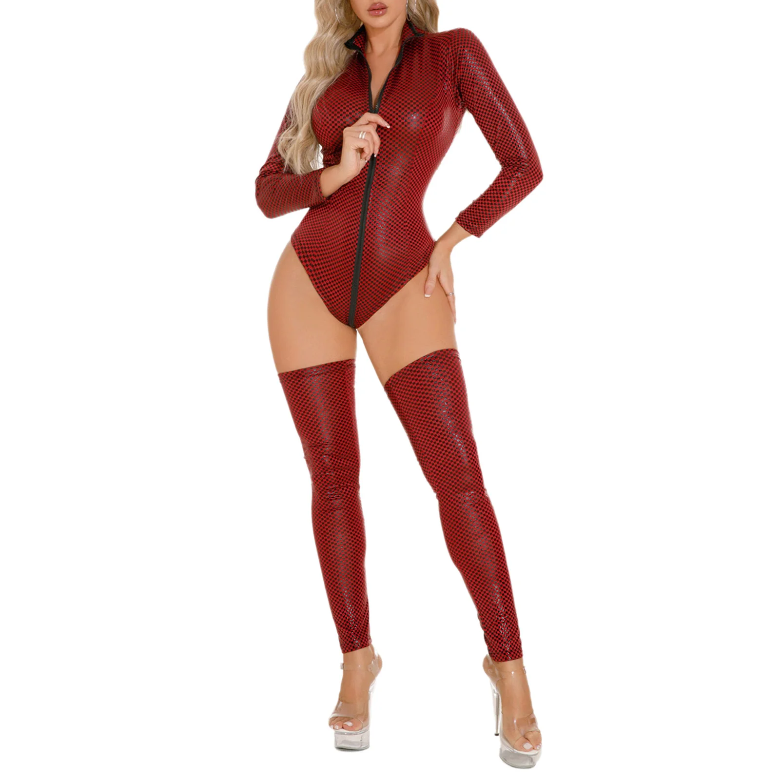 

Womens Wet Look Leotard Lacquer Leather Jumpsuits Costumes with Stockings Sexy Lingerie Outfit Party Rave Nightclub Clubwear