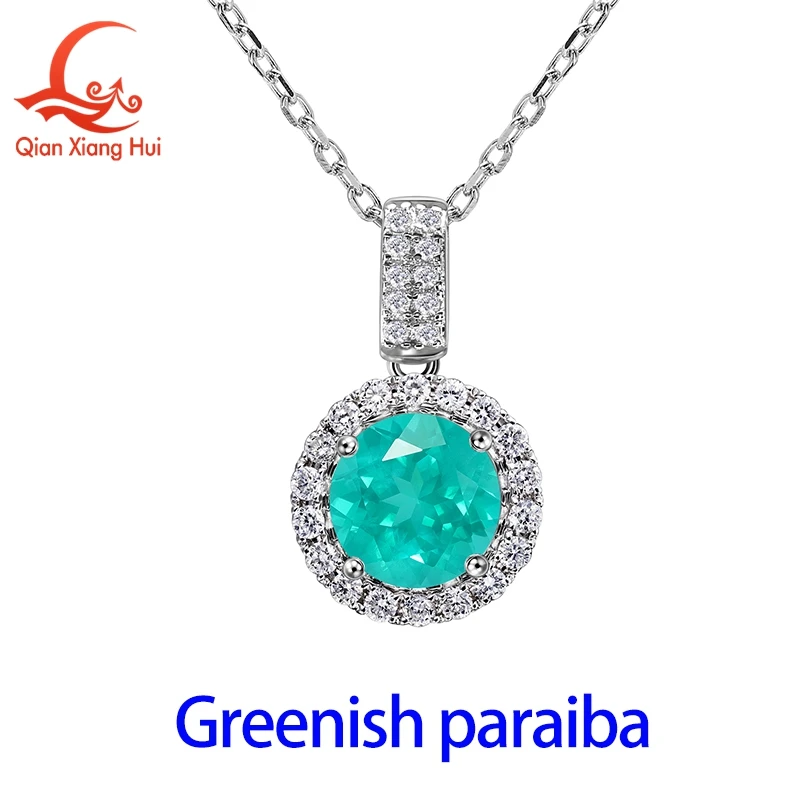 Lab Grown Neon Blue Greenish  Paraiba Tourmaline Pendant Necklace 6.5mm Round Main Stone Halo Moissanite  S925 silver Jewelry