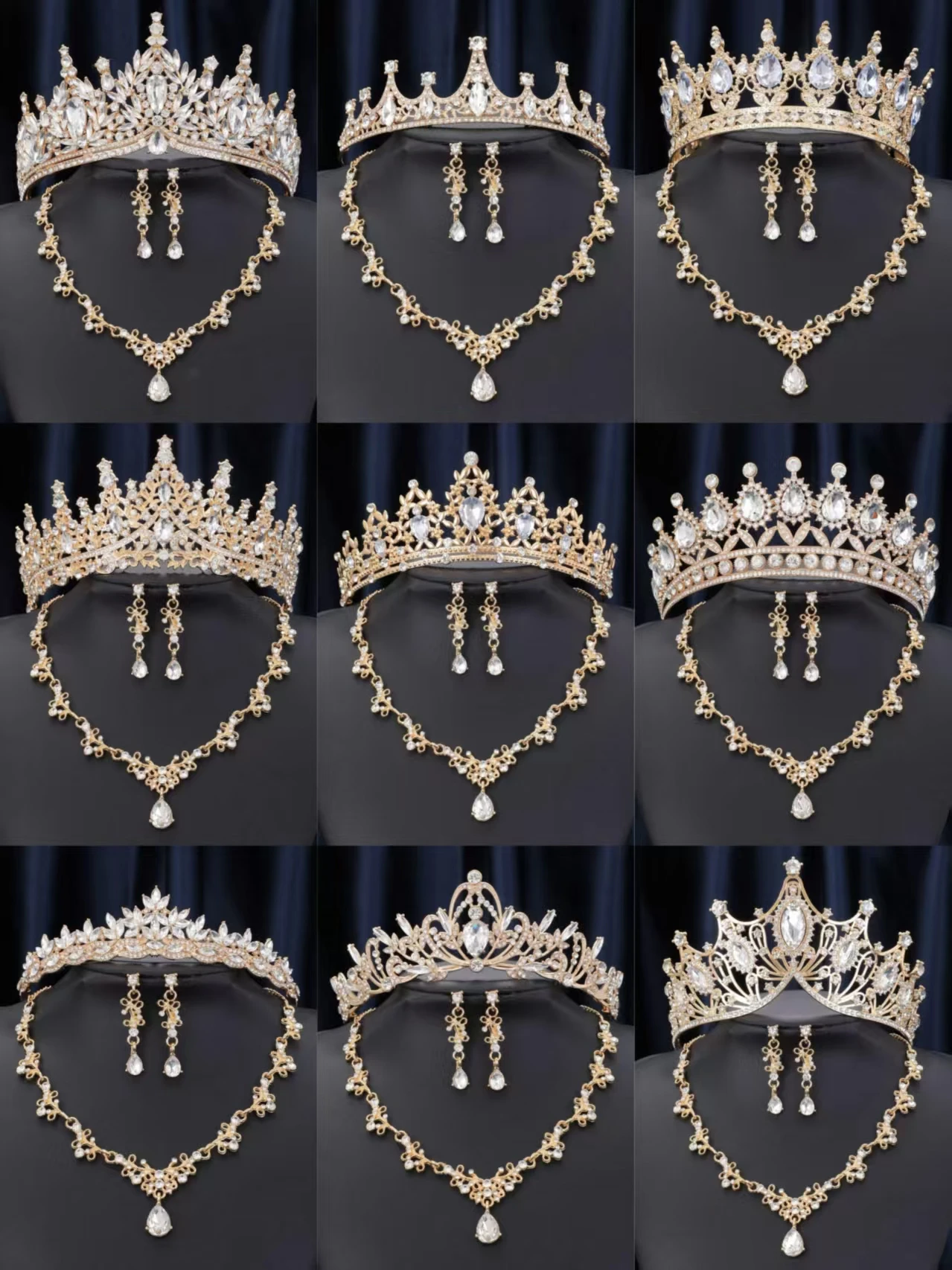 Luxury Clear Rhinestone Bridal Crown Jewelry Set Gold Tiara Necklace Drop Earrings Wedding Queen Hair Jewelry for Bride