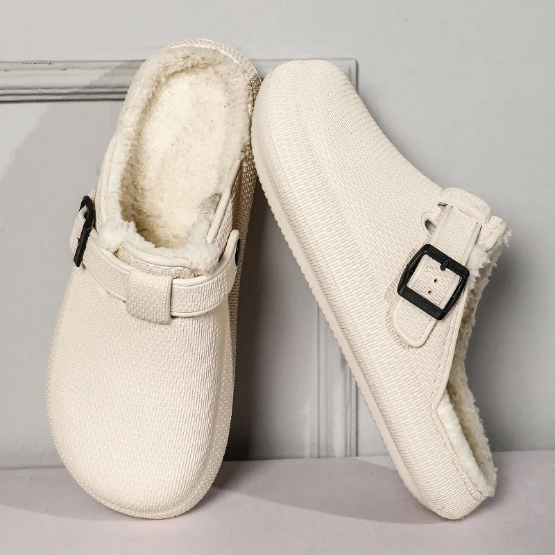 Sepatu wanita musim dingin, sandal wanita dan pria rumah, sandal Platform anti selip, sandal hangat bulu berbulu, sandal dalam ruangan kamar tidur, sepatu katun