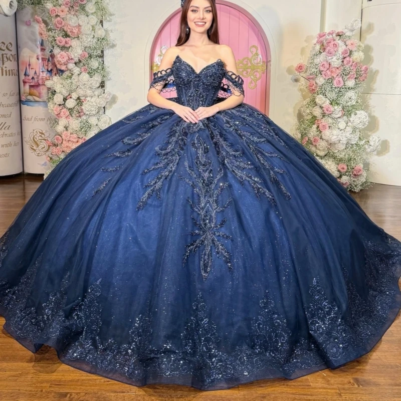 

Navy Blue Shiny Quinceanera Dresses Ball Gown Off Shoulder Appliques Lace Beading Crystal Tull Corset Birthday Payty Sweet 16