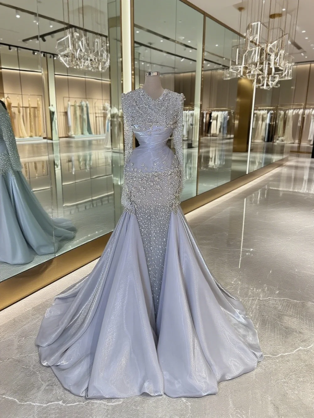 

Elegant Mermaid Evening Dress Sparkling Crystal Party Gown Graceful Long-Sleeved Floor-Length Party Dress فساتين سهرة