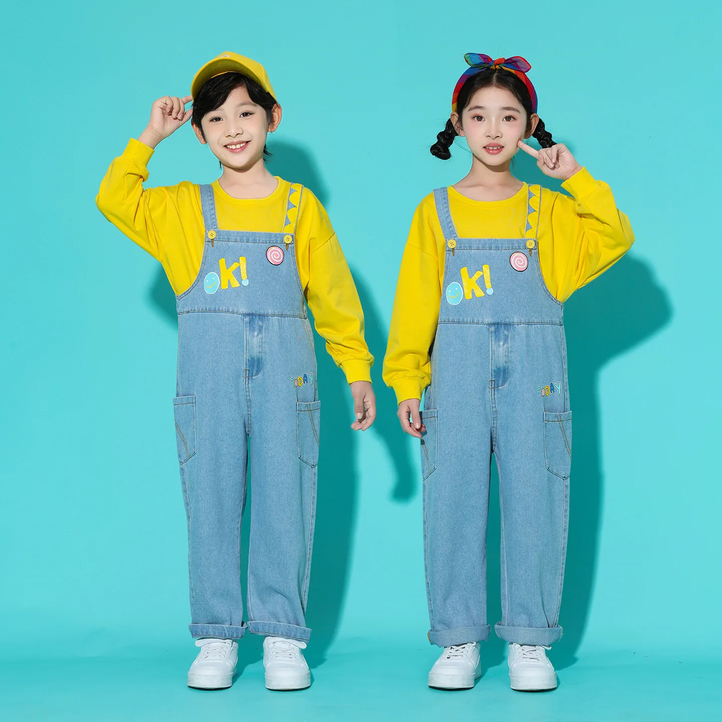 Teen Kids Denim Overalls Performance Costumes Sports Cheerleading Uniforms for Girls And Boys Kindergarten Chorus Class Outfits