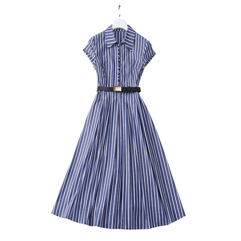 

Office Lady's Short Sleeve Turn-Down Collar Dress Striped With Belt Dress