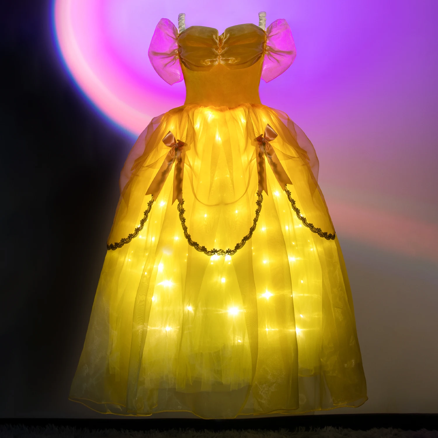 Uporpor Princess Belle LED Light Up Dress for Girl Kids Ball Gown Child Cosplay Bella Beauty and The Beast Costume Fancy Party