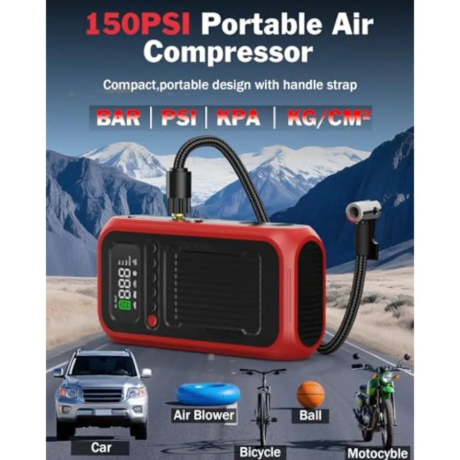 Compressore d'aria portatile per pneumatici per auto, palle per biciclette e altro: 5X Gonfiatore digitale per pneumatici più veloce da 150 PSI con ventilatore d'aria e