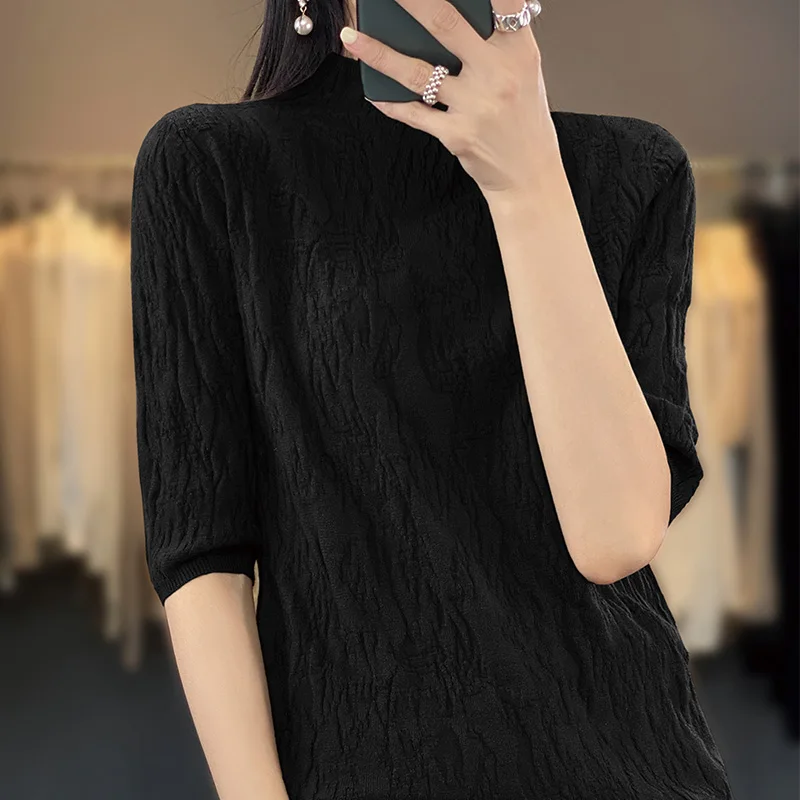 2023 new women\'s cashmere short-sleeved semi-high-necked Korean cashmere sweater women\'s spring and autumn pullover casual top