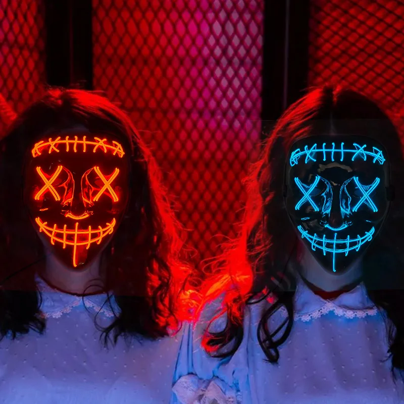 Máscara de Halloween Neon LED Purge, Máscaras de Festa de Carnaval, Luz Luminosa no Escuro, Fantasia Engraçada Cosplay, Festival Kids Presentes, Brinquedos