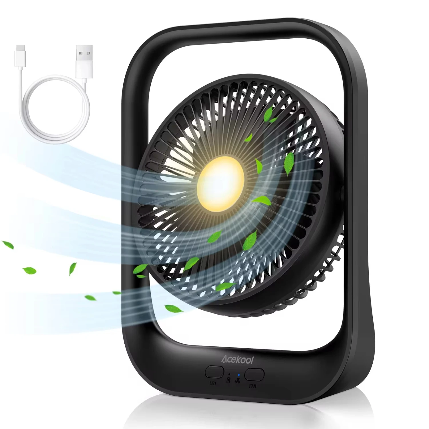 USB Rechargeable Desk Fan with Night Light, 3 Speeds, 3600mAh Battery, Silent Operation for Office, Bedroom, Camping