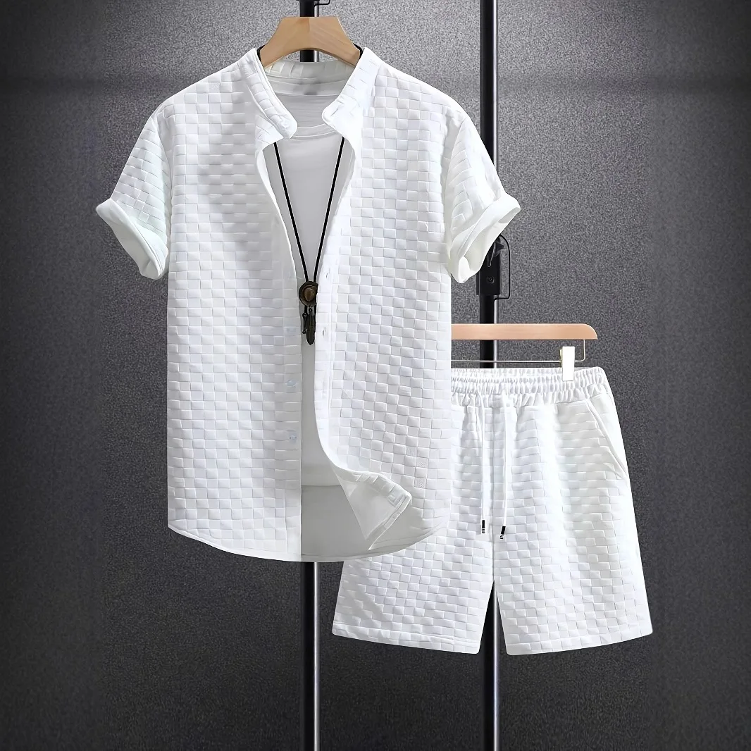 

Men's Summer Jacquard Casual Set New Arrival Short Sleeve Shirt 2-Piece Breathable Loose Daily Wear for Men