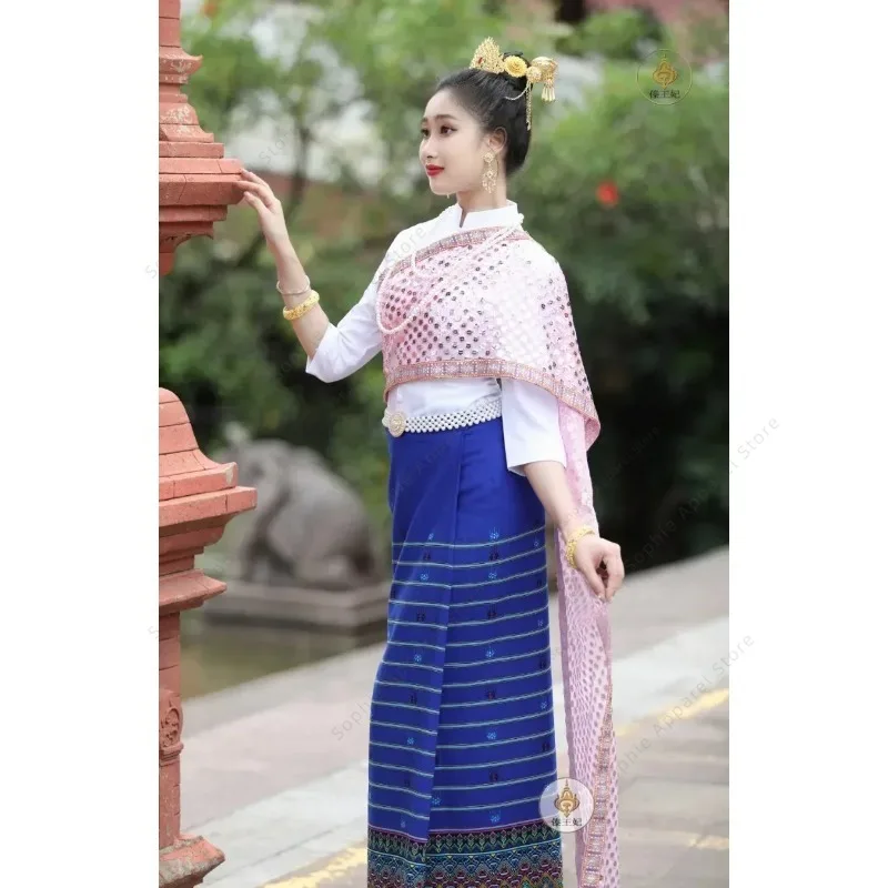 Thailand Outfit for Women Traditional Clothing Tops Blouse Long Skirt Ethnic Style Southeast Asian Clothes Thai Dai Dress