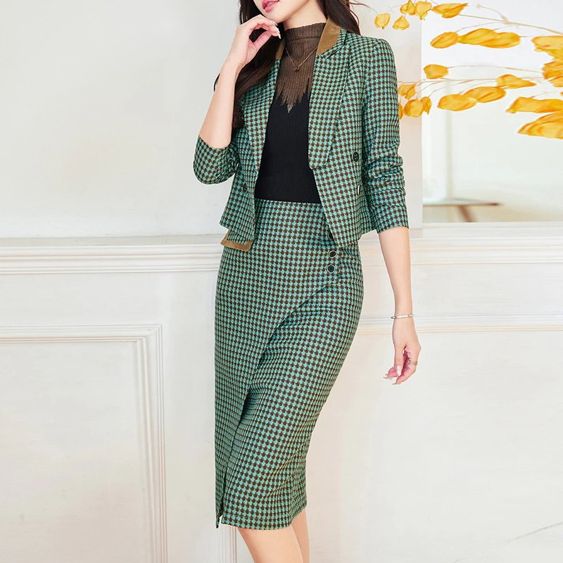 Printemps femmes Plaid formel affaires petit Blazer costume ensembles Elagant manteaux courts veste et jupes crayon costumes décontracté travail de bureau