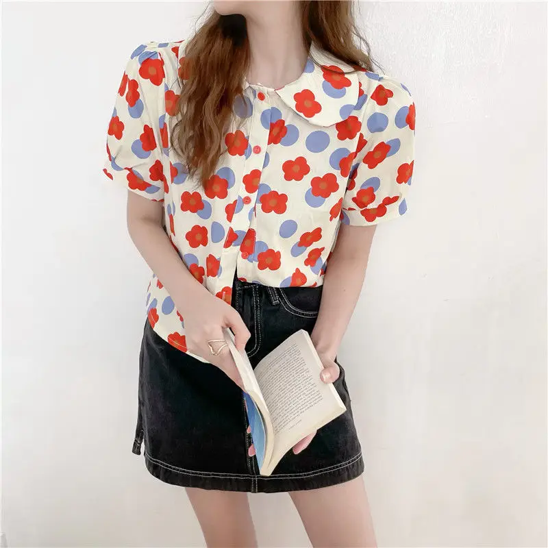 S-3XL Floral Colorful Shirts Women Peter Pan Collar Girls Vintage Casual Stylish Single Breasted Clothes Female Loose All-match