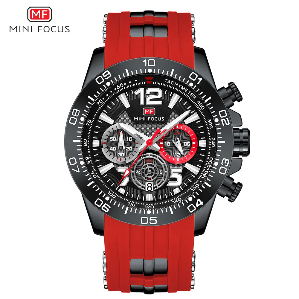 MINI FOCUS Red Sport Watch for Men Dual Time Sport Wristwatch with Silicone Strap 24-Hour Date Luminous Hands Chronograph 0290