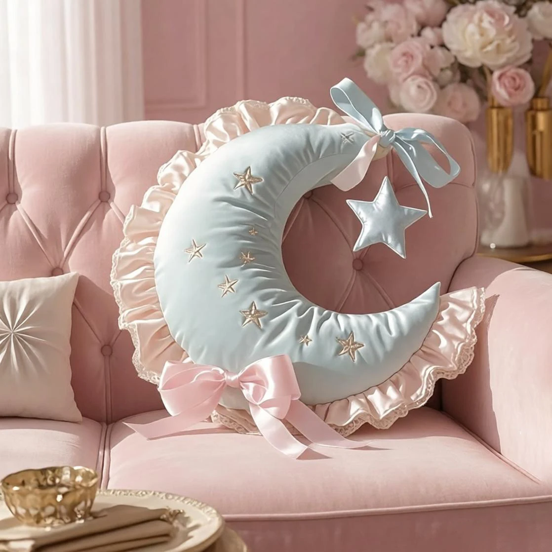Ins Moon Shape Pillow Lolita Style Bedroom Pillow Cute Sofa Cushion Lace Bow Star Decortive Nap Bolster Pillow Home Decor Girls