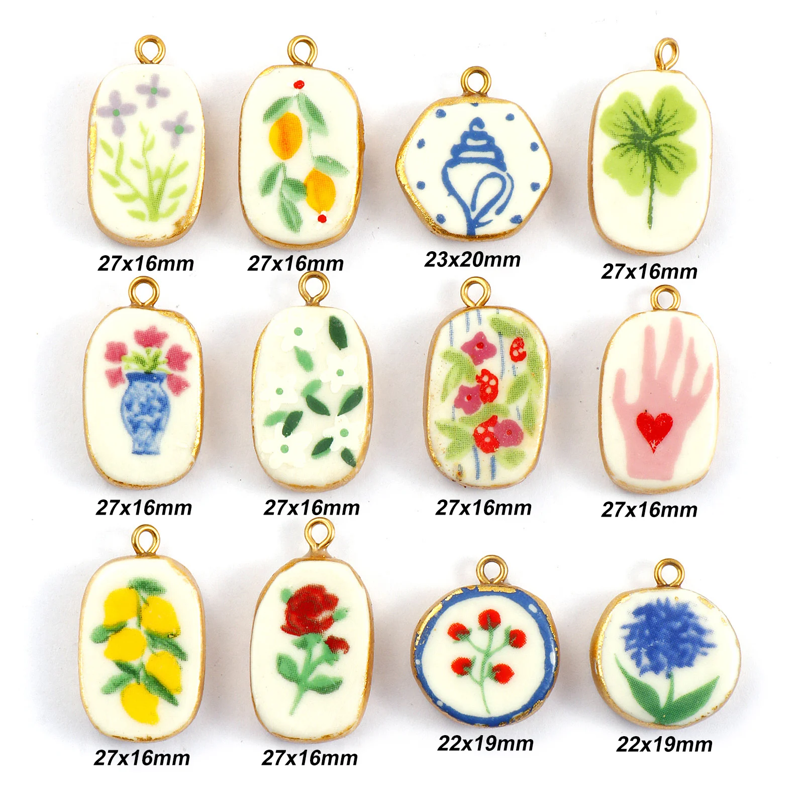 2PCs Colorful Ceramic Flower Charms 18K Gold Plated 304 Stainless Steel Irregular Geometric Pendant For Jewelry Necklace Making