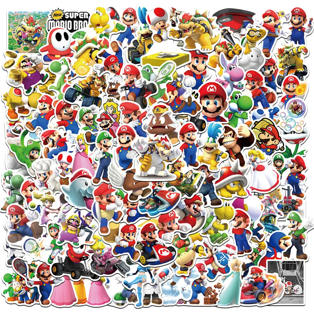 50/100pcs Super Mario Stickers Cool Luigi Yoshi Anime Sticker Waterproof Laptop Motorcycle Skateboard Bike Kid Cartoon Decal Toy