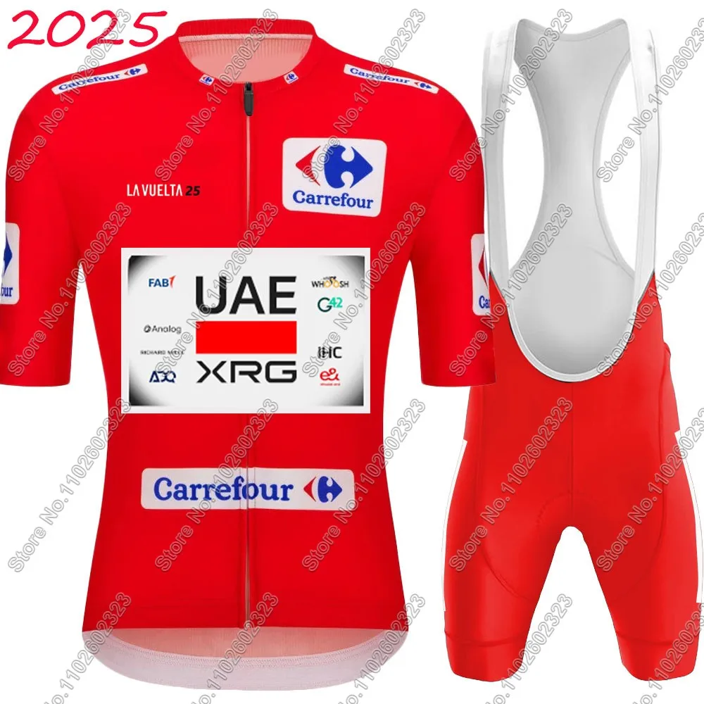 Jersey de ciclismo rojo de los Emiratos Árabes Unidos, conjunto de 2025, Ropa de verano de manga corta para gira española, camisas para bicicleta de carretera, traje, pantalones cortos con pechera, Ropa de montaña