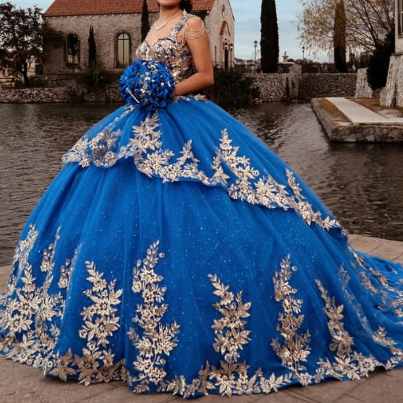 

Royal Blue Glitter Ball Gown Quinceanera Dresses Off The Shoulder Sequined Gold Applique Lace Tull Customized Vestidos De 15 Ano