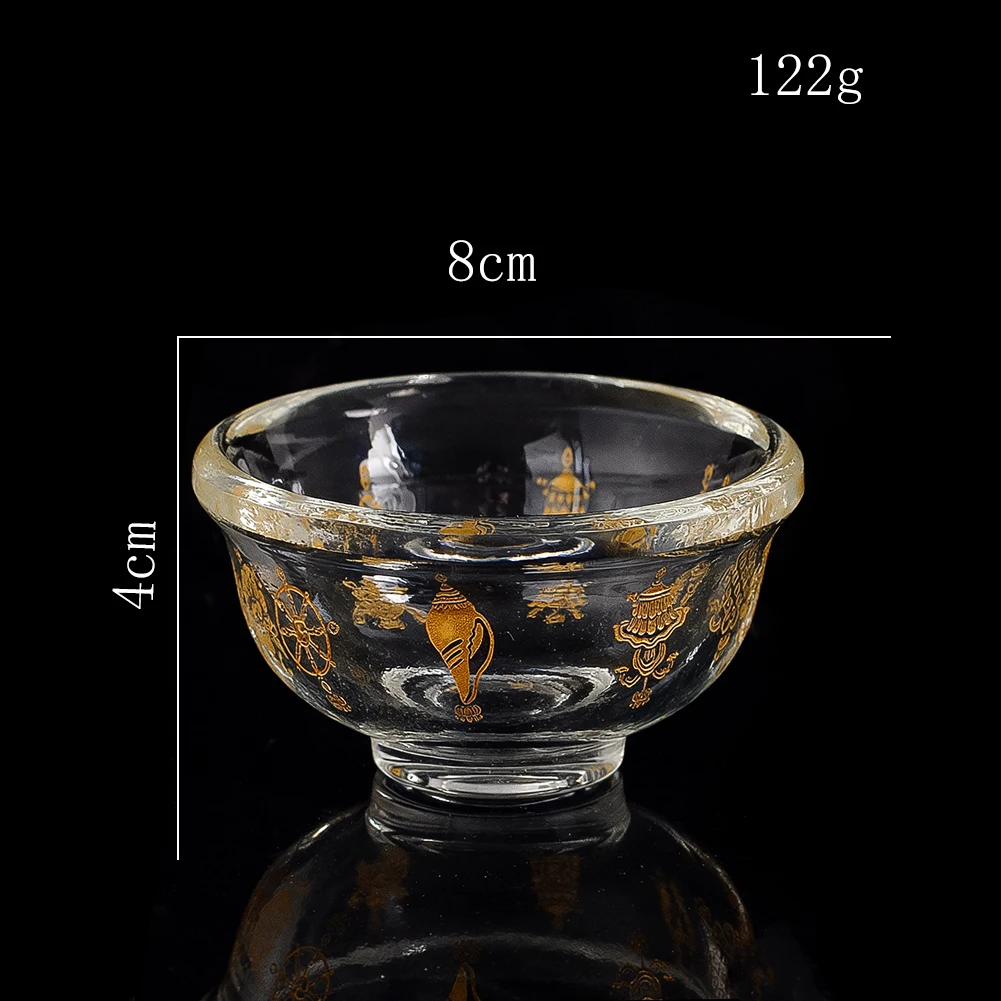 Buddhistische Altar-Gebetsschale aus Premium-Kristallglas mit vergoldeten acht Glückssymbolen für Zen-Dekoration und Geschenke – Detail 7