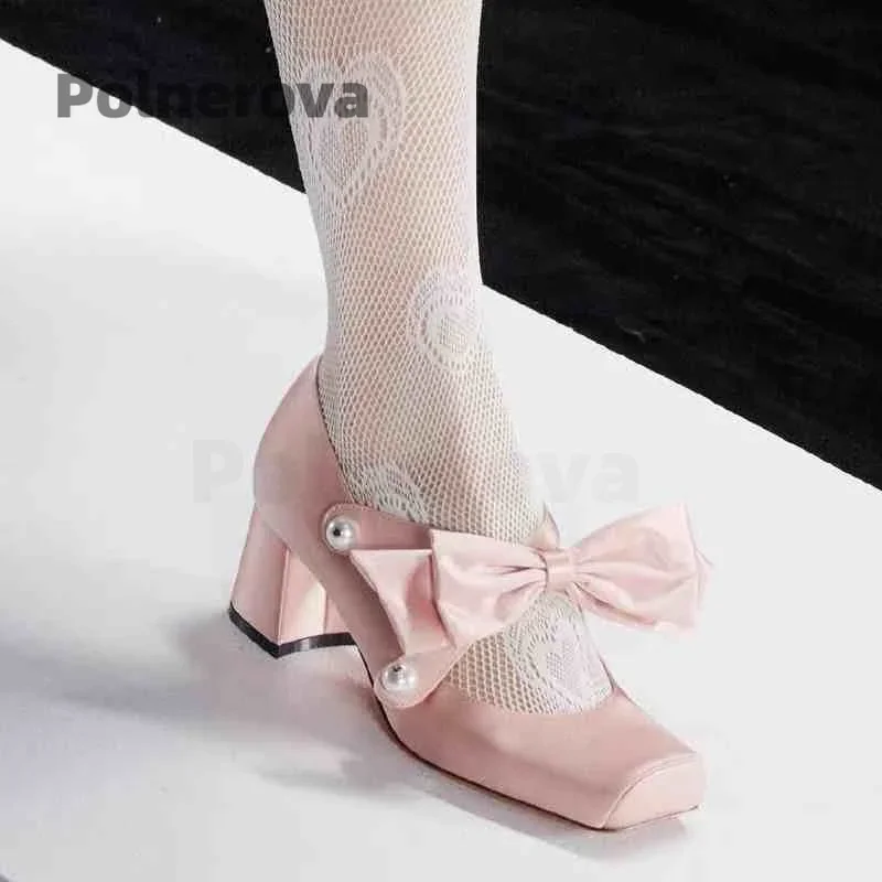 

Туфли-мэри-джейн на высоком каблуке с бантом-бабочкой, белые с розовым, из атласа, с жемчугом, на массивном каблуке, свадебные, с квадратным носком, повседневные, элегантные, туфли-лодочки