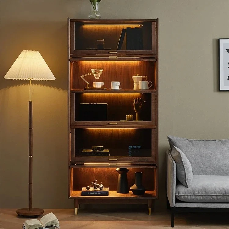 

Скандинавский винный шкаф из цельного дерева, североамериканский черный орех со стеклянной дверью, витрина для гостиной у стены