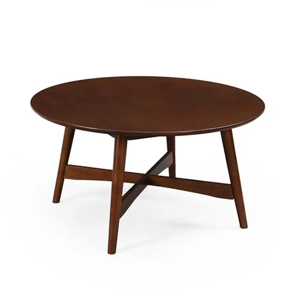 Mid-Century Modern Round Coffee Table Solid Wood Base Walnut Finish 36