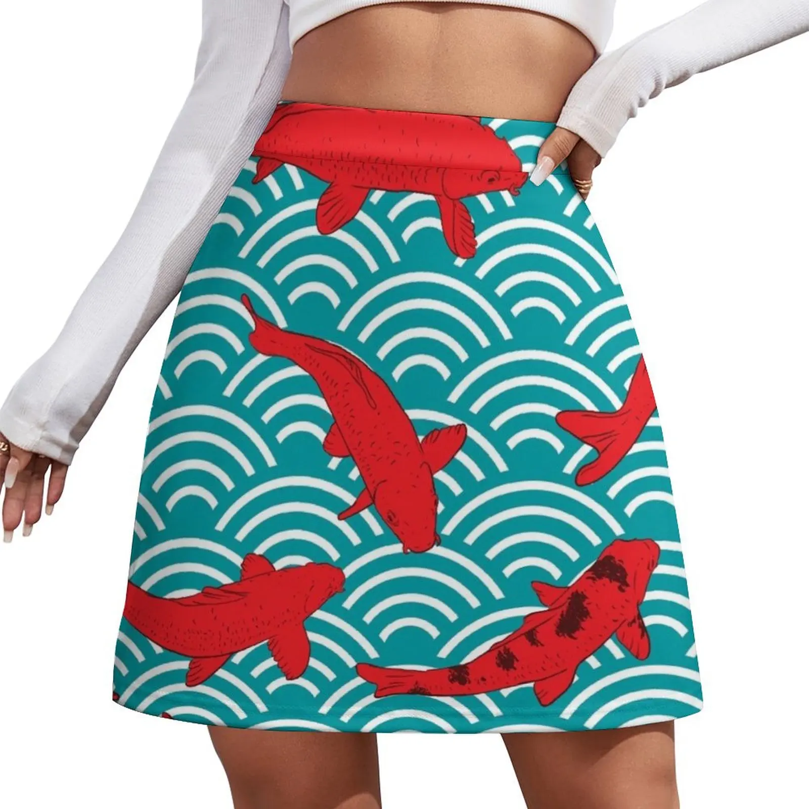 

Koi carp. Red fish. black outline sketch doodle. azure teal burgundy maroon Nature oriental background with japanese Mini Skirt