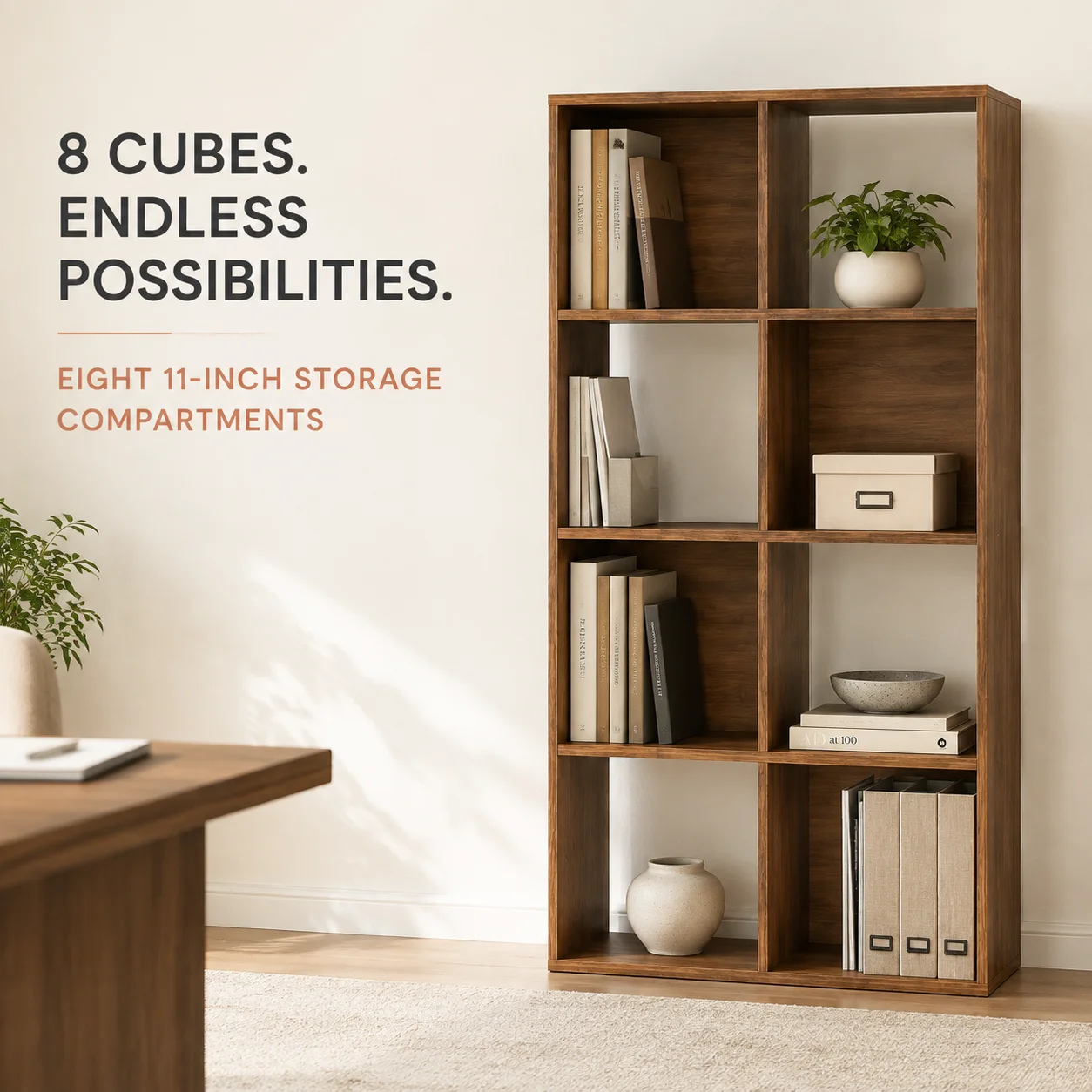 8 Cube Storage Organizer Warm Walnut Finish Modular Open Storage Shelving Unit Multipurpose Bookshelf Organizer for Closet Bedroom Living Room