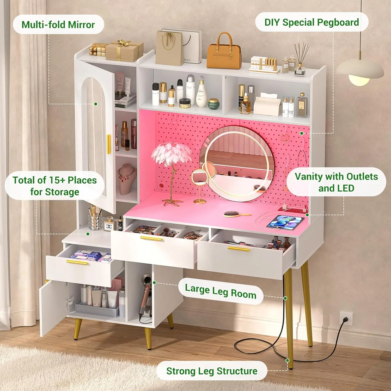 Bedroom Makeup Vanity in White with Wood and Metal, 48'' Size, Charging Station, LED, Pegboard, 5 Big Drawers, Shelves, Cabinet view 3