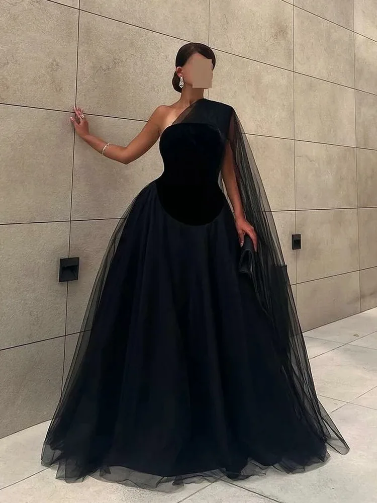 

Black Arabic Women Prom Dresses One Shoulder Tulle Formal Floor Length Guest Party Dress Long Evening Gown Cocktail Dress