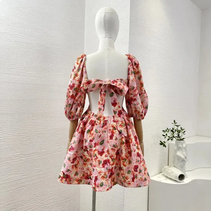 Minivestido de lino con estampado Floral rojo para mujer, minivestido de media manga con Espalda descubierta, cintura recortada, cuello cuadrado, alta calidad, 2025