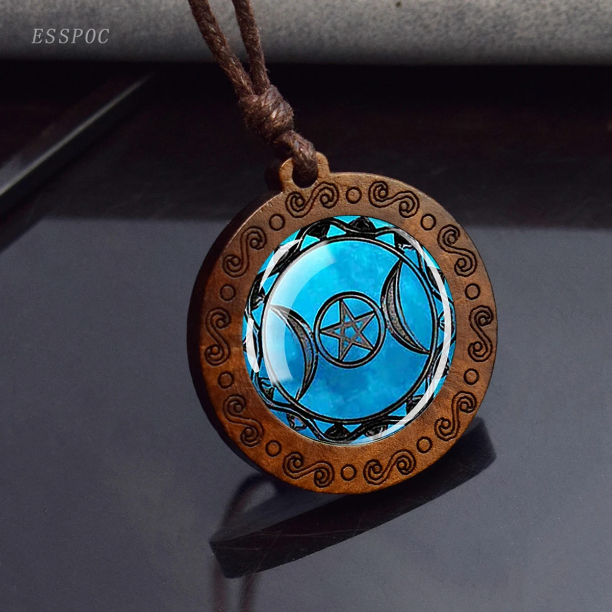 Triple Moon Goddess Glass Necklace Wood Pendant Wiccan Pentagram Necklace Vintage Magic Sign Jewelry Dropshipping