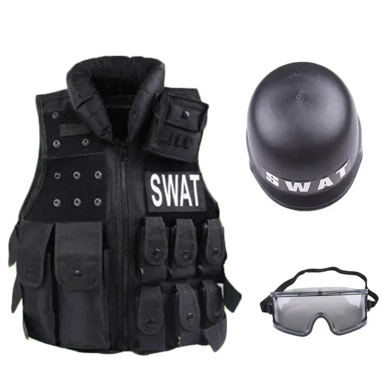

Children's Police Cosplay Costume Bullet-proof Vest Helmet Wind-proof Glasses for Boy's Height 110cm-150cm