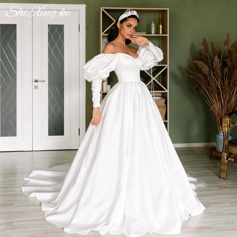 Elegant Sweetheart Neck A Line Satin Wedding Dress Detachable Puff Sleeve Sweep Train Vestidos De Novia Customized