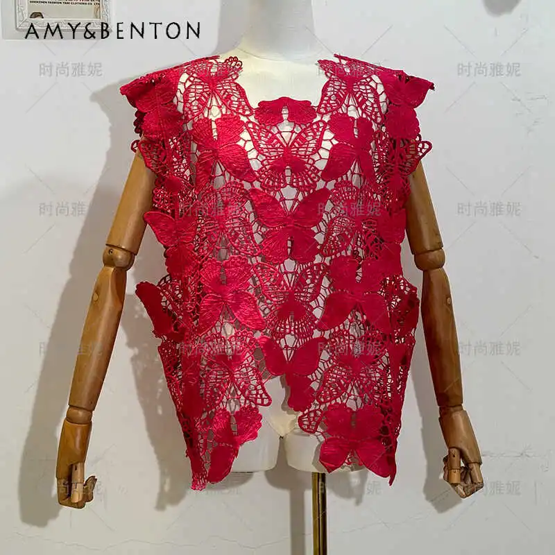 New Lace Butterfly Embroidered Cutout Blouse Top Vest Women's Sleeveless Outer Wear Loose Temperament Fashion Rose Red Waistcoat