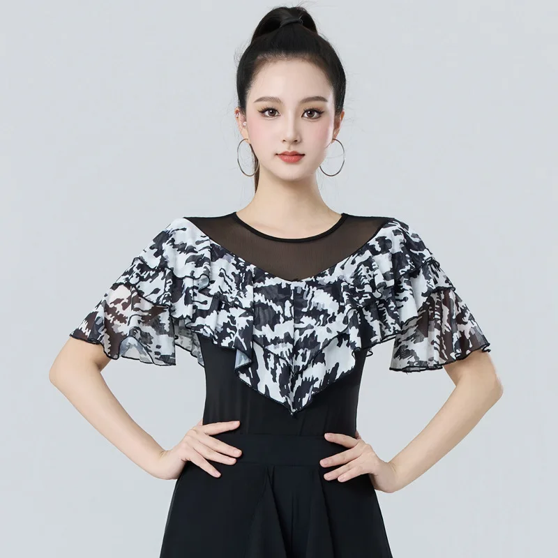 2025 Summer New Female Adult Latin Dance Top Mesh Printing Medium Sleeve Crew Neck Dance Practice Clothes