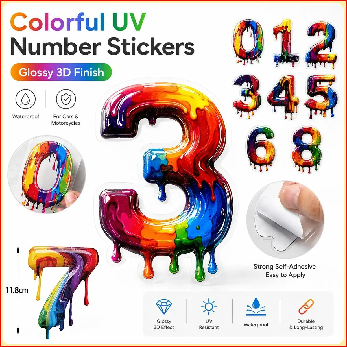 

Colorful Paint Drip 3D Number Stickers - UV Resistant Waterproof Glossy Decals for Cars & Motorcycles