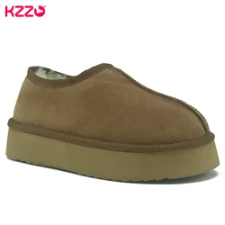 KZZO New Ultra Mini Platform Snow Boots Women Sheepskin Suede Leather Natural Sheep Fur Lined Thick Sole Ankle Winter WarmShoes