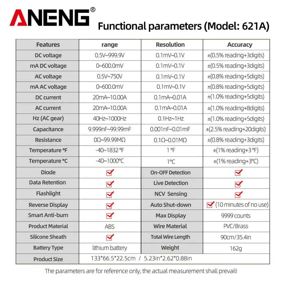 ANENG 621A Smart Digital Multimeter Touch Screen Multimetro Tester Transistor 9999 Counts True RMS Auto Range DC/AC 10A Meter